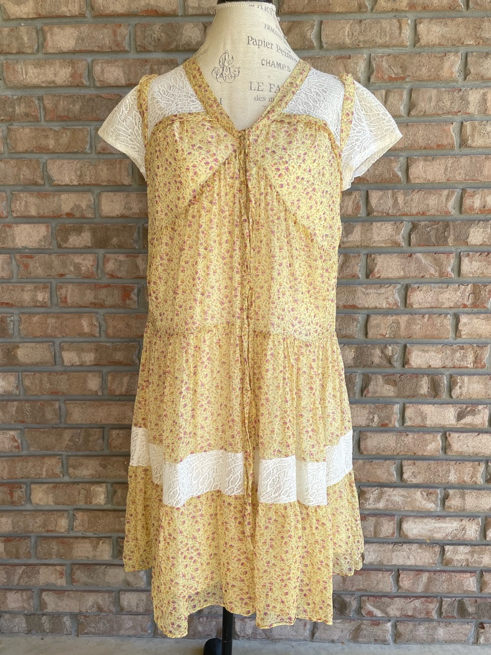 Dahiny Yellow 100% Silk Floral Tiered Lace Trim Sundress.